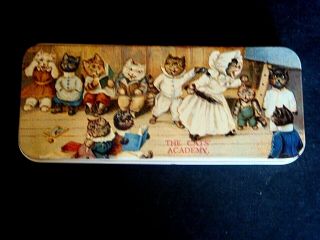 Vtg Tin Water Color Paint Box Pencil Pen England Cats Academy Kittens Metal