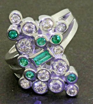 Designer Vintage Heavy 14k Wg 2ct Diamond/emerald Cluster Cocktail Ring Size 5.  5