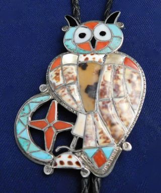 Zuni Sterling Multi Stone Inlay Handmade Vintage Owl Bolo Tie