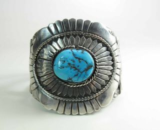 Large & Heavy Vintage Navajo Stamped Silver & Turquoise Cuff Bracelet 108 Grams