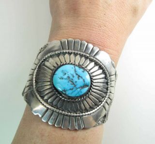 Large & Heavy Vintage Navajo Stamped Silver & Turquoise Cuff Bracelet 108 Grams 2
