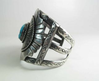 Large & Heavy Vintage Navajo Stamped Silver & Turquoise Cuff Bracelet 108 Grams 3