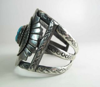 Large & Heavy Vintage Navajo Stamped Silver & Turquoise Cuff Bracelet 108 Grams 4