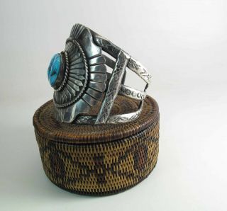 Large & Heavy Vintage Navajo Stamped Silver & Turquoise Cuff Bracelet 108 Grams 7