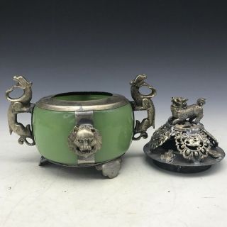 Vintage OLD China JADE Tibet silver Handwork Armored dragon lion incense burner 4