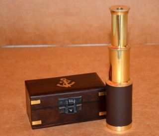 Brass 6 " Telescope Vintage Pirate Spyglass Telescope Brown Leather W/ Wooden Box
