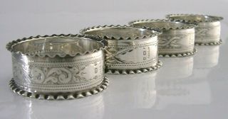 PRETTY VICTORIAN SET OF FOUR STERLING SILVER NAPKIN RINGS 1900 ANTIQUE 4