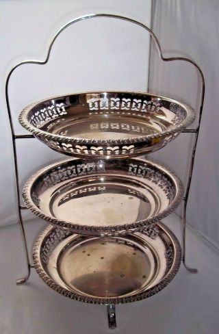 Quality Victorian Silver Plated 3 Tier Cake Stand With Pierced Baskets
