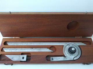 Vintage Starrett No.  359 Universal Bevel Protractor 6 " & 12 " Blades W/ Wood Box