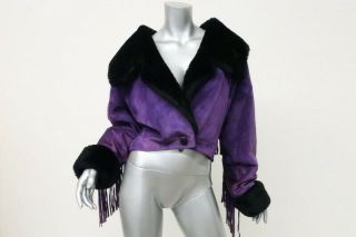 Byblos Vintage Fringed Suede Cropped Jacket Purple Size 44 Shearling Trim
