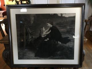 Large And Rare Antique Mezzotint In Period Frame Mother/daughterscene