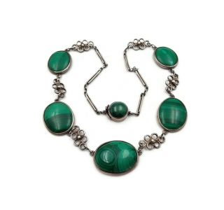 Antique Arts & Crafts Sterling Silver Malachite Stone Choker Necklace 4