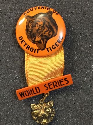 Vtg 1935 Detroit Tigers World Series Seldom Seen Pin Back Ribbon & Charm 10