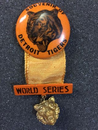 Vtg 1935 Detroit Tigers World Series Seldom Seen Pin Back Ribbon & Charm