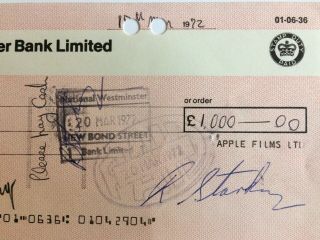 Beatles Ringo Starr Twice Autographed Apple Check Rare W/COA 2