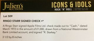 Beatles Ringo Starr Twice Autographed Apple Check Rare W/COA 5