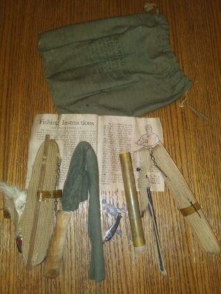 Wwii Us Army Survival Fishing Kit Bag With Gear Ww2