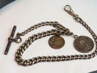 Antique Solid Silver Albert Watch Chain With Qv Shilling Fob 42 Grams
