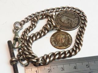 Antique solid silver albert watch chain with QV shilling fob 42 grams 4