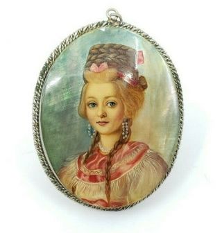 Antique Russian Fedoskino Hand Painted Brooch Pin Cameo Pendant Lady