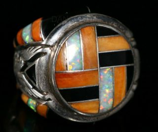 Vintage Navajo Old Pawn Old Flush Set Inlay Spiny Oyster Opal & Onyx Ring Sz 7