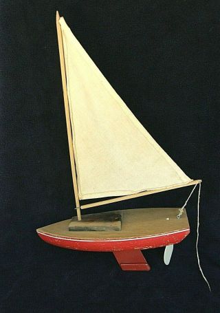 Vintage Red W/white Trim Wooden Sailboat Pond Yacht - Metal Keel - Plastic Rudder