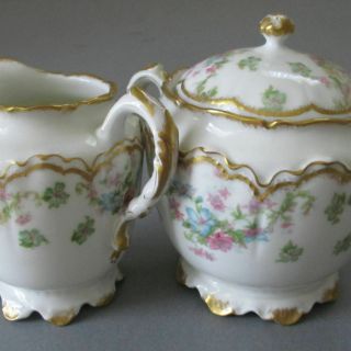Antique Haviland Porcelain Sugar & Creamer Flower Swags Schleiger 72 Double Gold