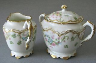 Antique HAVILAND Porcelain Sugar & Creamer FLOWER Swags Schleiger 72 Double Gold 2