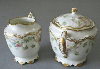 Antique HAVILAND Porcelain Sugar & Creamer FLOWER Swags Schleiger 72 Double Gold 6