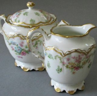 Antique HAVILAND Porcelain Sugar & Creamer FLOWER Swags Schleiger 72 Double Gold 7