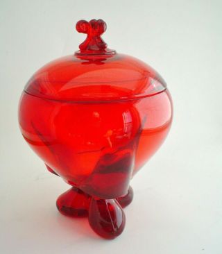 Vintage Viking Glass Mid Century Modern Crimson Red 3 Foil Candy Dish 1950 - 60 