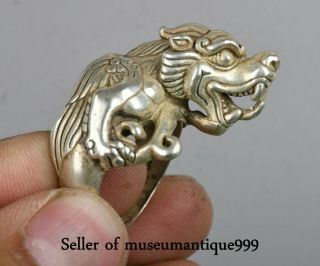 4cm Old Chinese Silver Dynasty Palace Dragon Beast Statue Finger Ring Rings