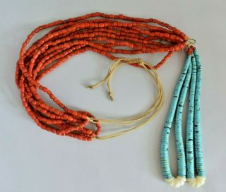Large Vintage Navajo 5 Strand Red Coral Turquoise Shell Jacla Turquoise Necklace