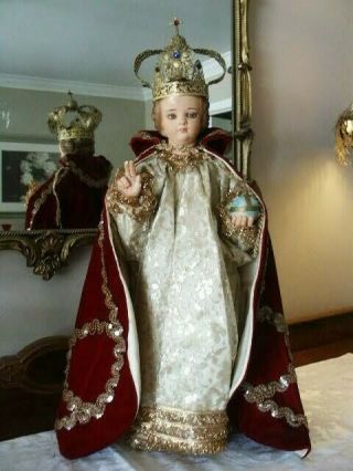 Large Vintage Infant Of Prague 21” Statue With Jeweled Crown Chalkware