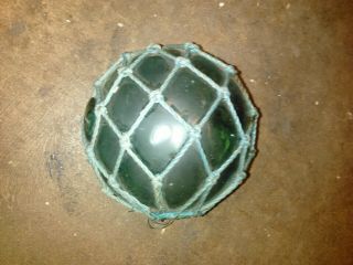 VINTAGE JAPANESE ROPED GREEN GLASS FISHING NET FLOATING BUOY BALL 2
