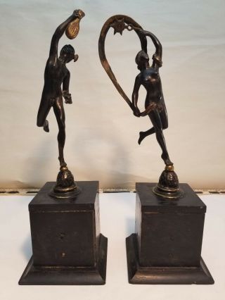 Vintage Bronze Dancing Man And Woman Statues On Wood Stands