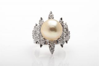Vintage 1970s $4000 12mm South Sea Pearl 1ct Diamond 14k White Gold Band Ring