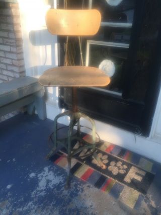 Vintage Uhl Toledo Drafting Stool Chair Adjustable Swivels Industrial Wood Seat
