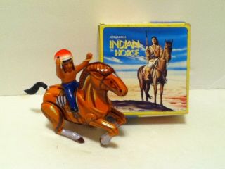Vintage Mechanical Tin Toy Indian On Horse Box,  Made In Korea