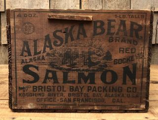 RARE Vintage ALASKA BEAR SALMON Wooden Crate Box Advertising Sign Graphics 11