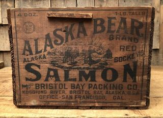 Rare Vintage Alaska Bear Salmon Wooden Crate Box Advertising Sign Graphics