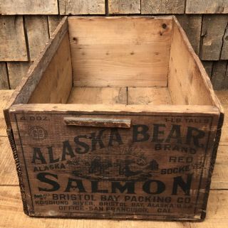 RARE Vintage ALASKA BEAR SALMON Wooden Crate Box Advertising Sign Graphics 2