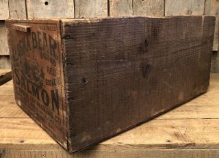 RARE Vintage ALASKA BEAR SALMON Wooden Crate Box Advertising Sign Graphics 3