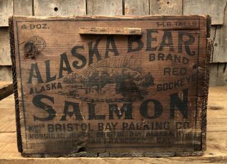 RARE Vintage ALASKA BEAR SALMON Wooden Crate Box Advertising Sign Graphics 5