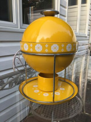 Mcm Vintage Cathrineholm Yellow Enamel Viking Fondue Pot With Stand & Underplate