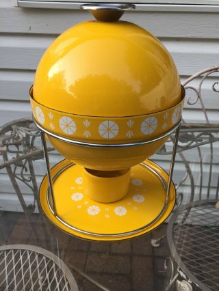 MCM Vintage Cathrineholm Yellow Enamel Viking Fondue Pot with Stand & Underplate 2