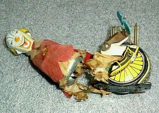 Old Tin Litho Wind Up Toy Clown On Unicycle Parts For Repair