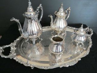 5 Piece Wallace Baroque Silver Coffee Tea Pot Sugar Creamer Set W/ Tray