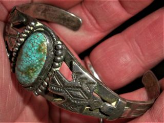 Antique 1930 - 40s Signed Wolf Robe Navajo Coin Silver Turquoise Bracelet Vafo