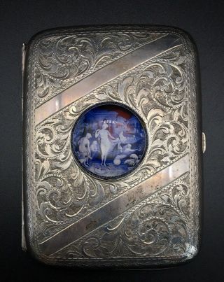 Antique Sterling Edwardian English Cigar Case W/ Hand Painted Porcelain Plaque